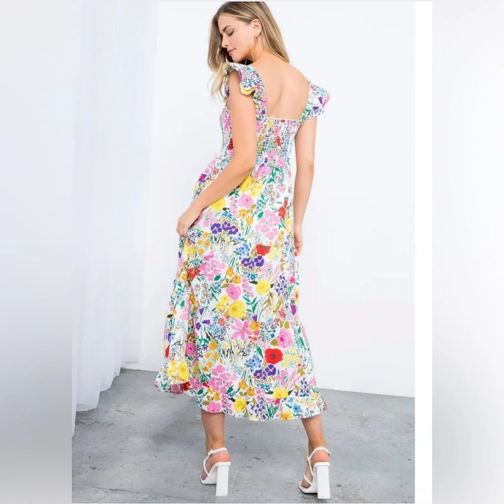 NWT! Anthropologie THML Floral Maxi Smocked Bodice Dress with Ruffle Sleeves - Picture 4 of 13